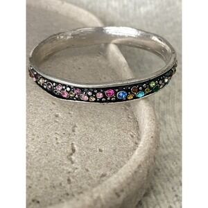 Silver Tone Multicolor Rhinestone Bangle Bracelet Black Colorful Rainbow‎